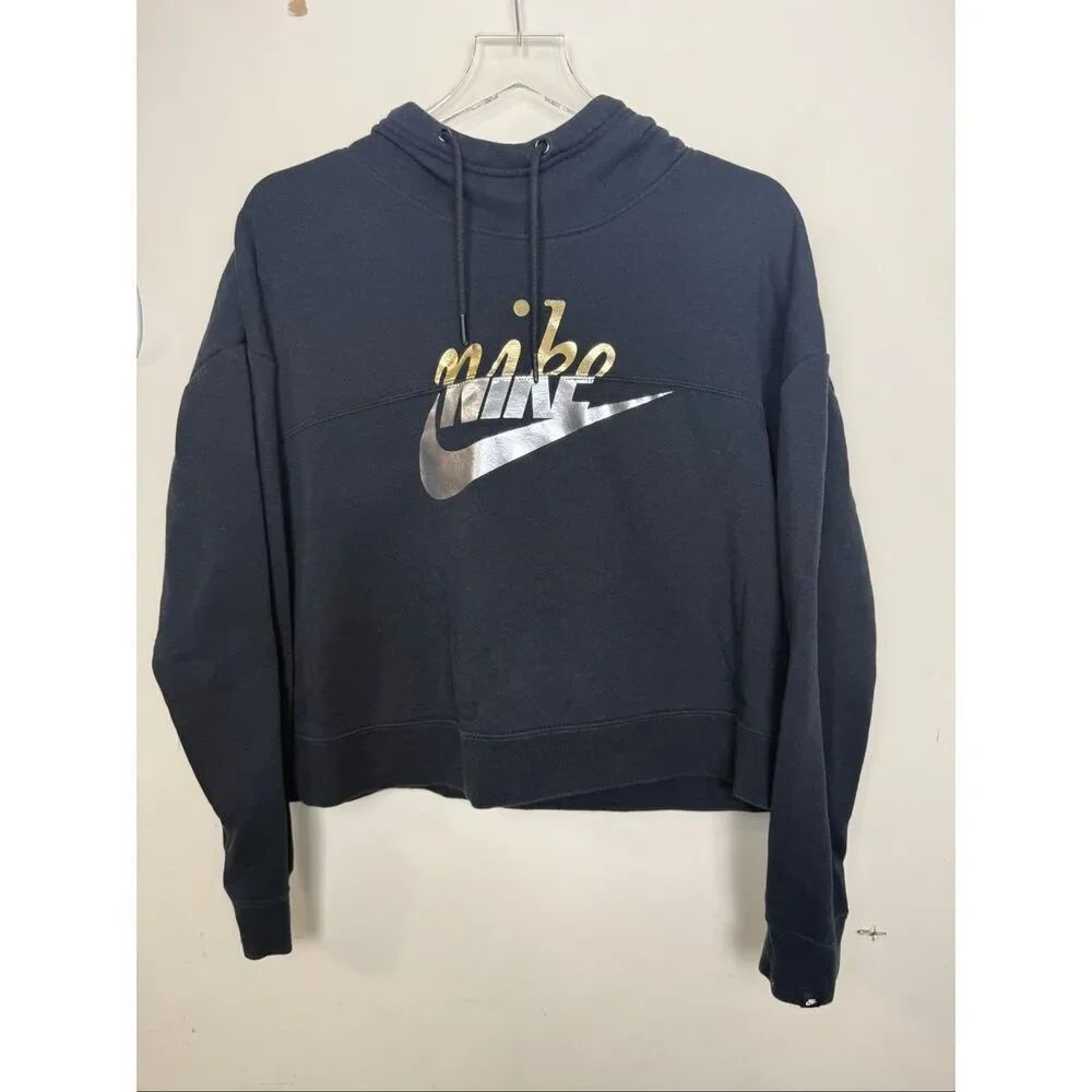 Nike Black Cropped Hoodie Size L Gold Swoosh Logo Athleisure Streetwear